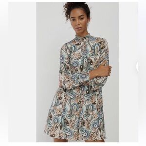 Anthropologie Paisley Long-Sleeve Mini Dress in Mint, Brown, Cream